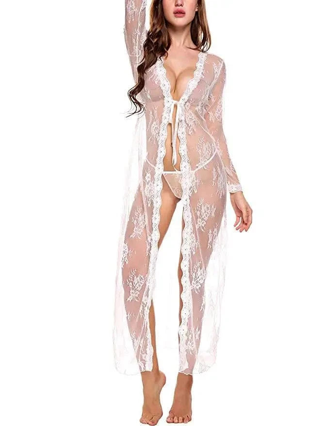 Toucheart Sexy Lace Mesh Transparent Sexy Robe Nightgown Women's See-Through Lace Printing Deep V-Neck Home Ultrathin Nightgown - A-1 Thread Vault