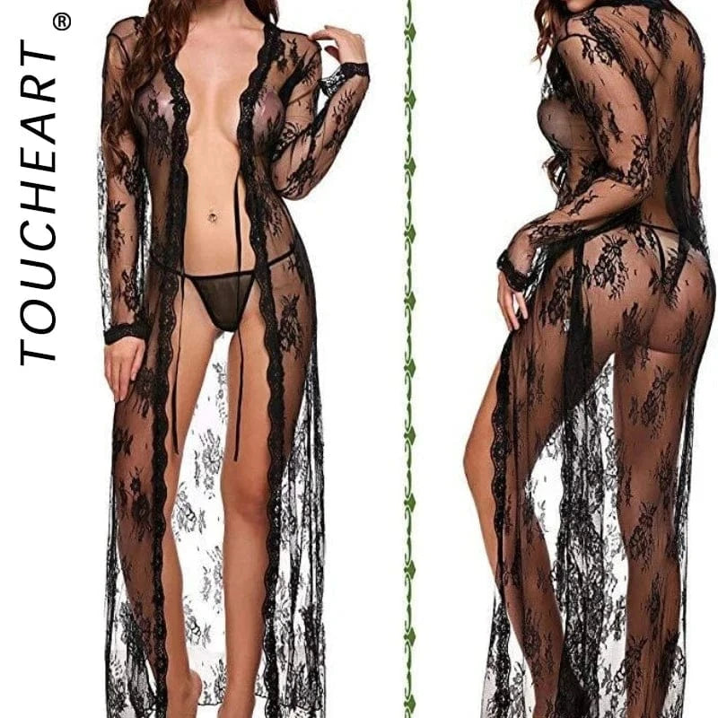 Toucheart Sexy Lace Mesh Transparent Sexy Robe Nightgown Women's See-Through Lace Printing Deep V-Neck Home Ultrathin Nightgown - A-1 Thread Vault
