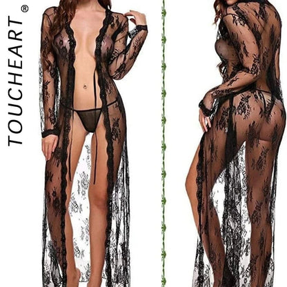 Toucheart Sexy Lace Mesh Transparent Sexy Robe Nightgown Women's See-Through Lace Printing Deep V-Neck Home Ultrathin Nightgown - A-1 Thread Vault