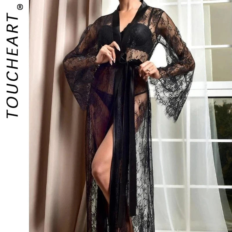 Toucheart Sexy Mesh Nightgown Suit for Women Sexy Lingerie Sexy Lace Women's Solid Color Mesh Perspective Long Nightgown Suit - A-1 Thread Vault