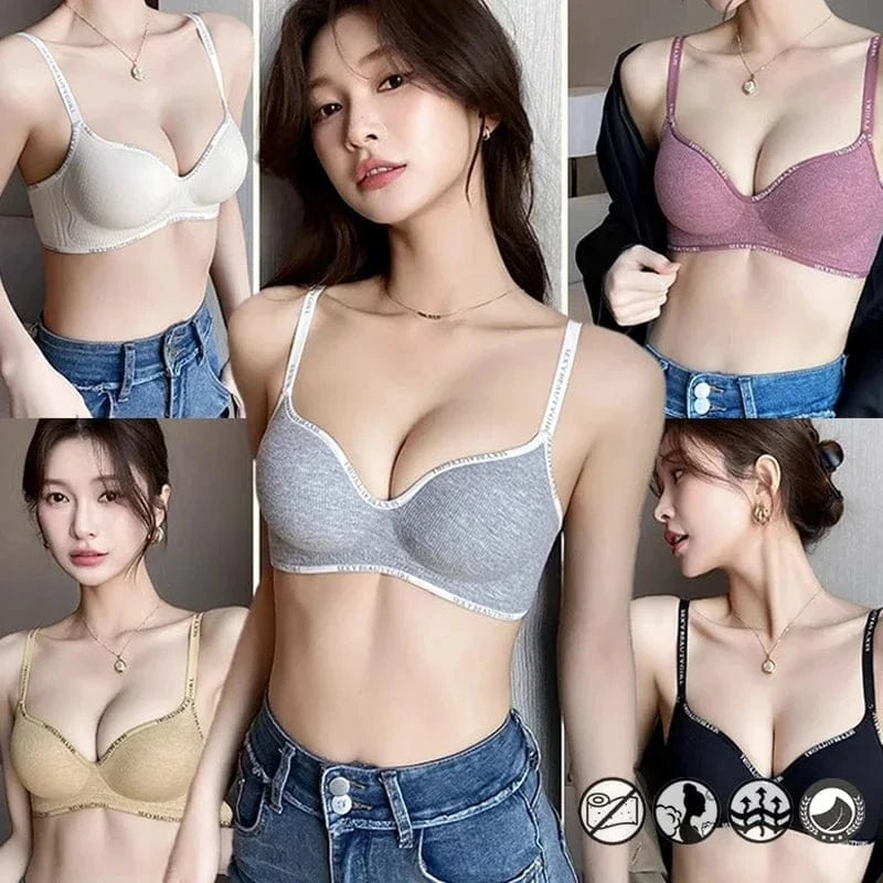 A collage of five women modeling seamless, ribbed-fabric push-up bras in beige, grey, pink, and black, each featuring thin adjustable straps with white printed text and a subtle central cleavage enhancement.