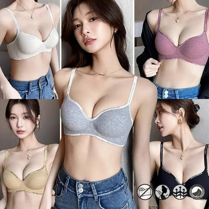 A collage of five women modeling seamless, ribbed-fabric push-up bras in beige, grey, pink, and black, each featuring thin adjustable straps with white printed text and a subtle central cleavage enhancement.
