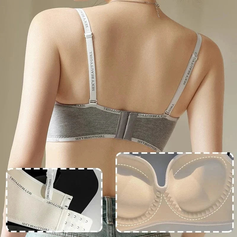 Trendy 2Pcs/Set Women's Seamless Solid Color Bras Sexy Letter Straps Wireless Push Up Underwear New Ladies Deep V Neck Brassiere - A-1 Thread Vault