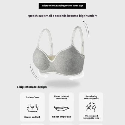 A gray ribbed bra with white adjustable straps and a band featuring white text, displayed against a white background with descriptive text icons highlighting its design features.