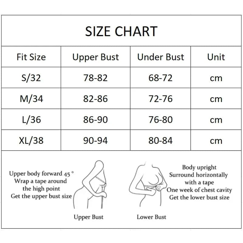 A size chart table for bras lists measurements in centimeters for sizes S/32, M/34, L/36, and XL/38, accompanied by illustrations demonstrating how to measure the upper and under bust.