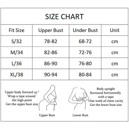 A size chart table for bras lists measurements in centimeters for sizes S/32, M/34, L/36, and XL/38, accompanied by illustrations demonstrating how to measure the upper and under bust.