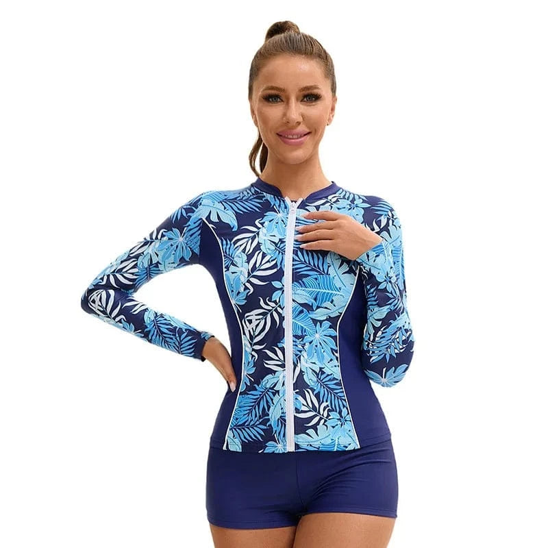 Trendy Swimwear Leaf Printed Women Three Piece Rash Guard Long Sleeve Swimsuits Swim Shirt Bathing Suit with Boyshort Bottom - A-1 Thread Vault