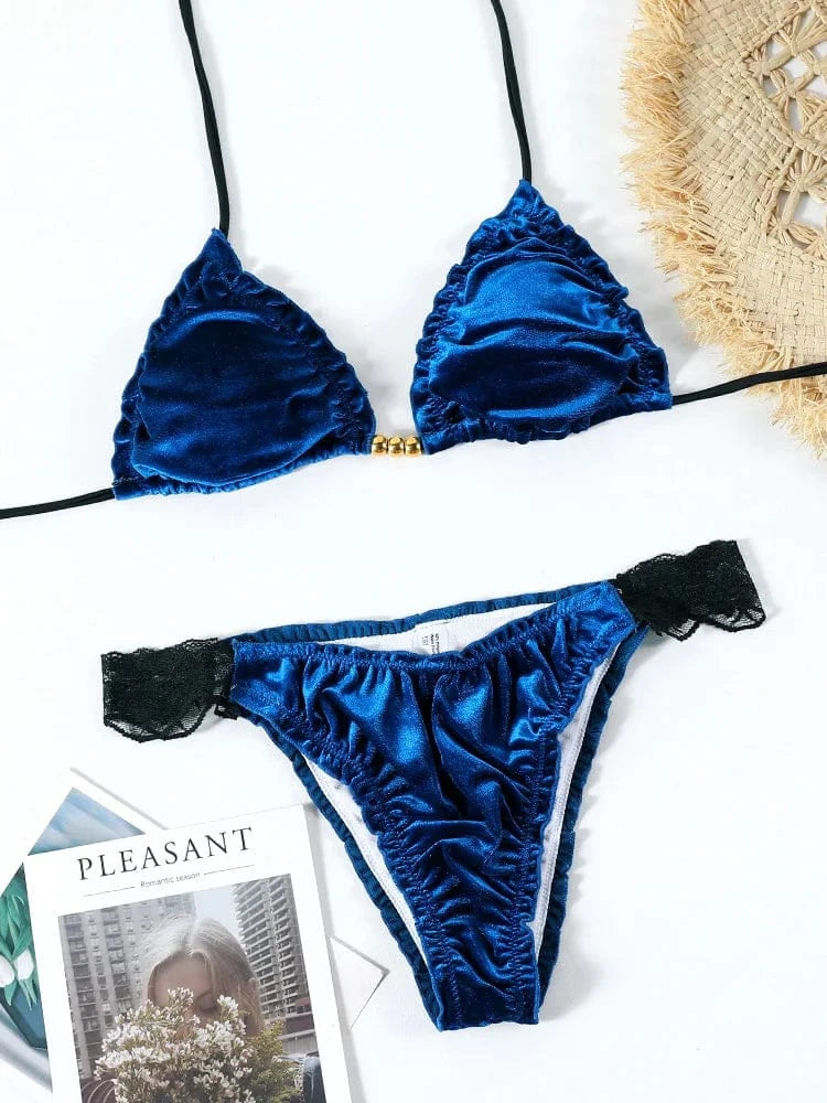 Triangle Lace Bikinis Sexy Swimsuit Women Low Waist Bikini Sets Push Up Swimwear Mujer Beachwear Two Pieces Suit Solid Biquini - A-1 Thread Vault