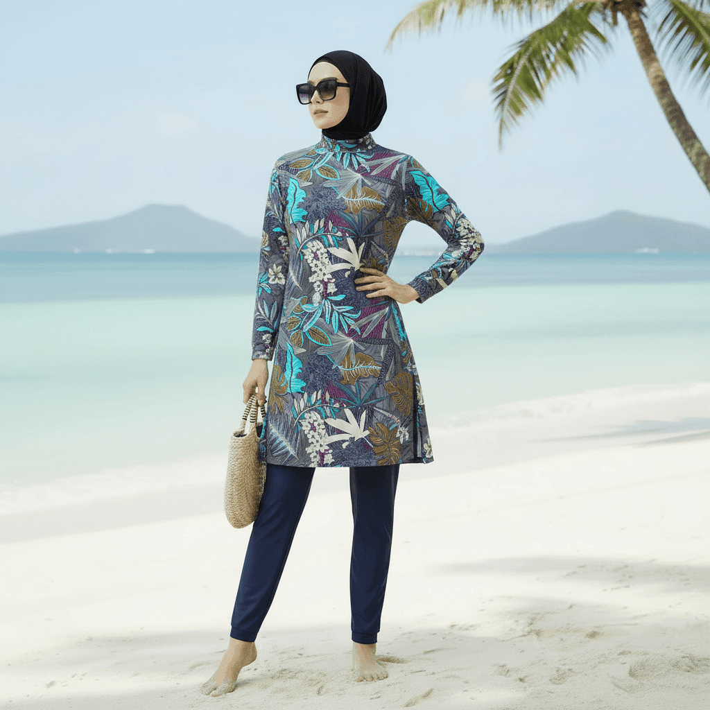 Tropical Print Modest Burkini Swimsuit Set(MB022) - A-1 Thread Vault