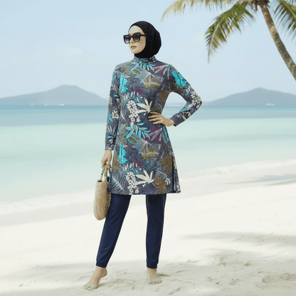 Tropical Print Modest Burkini Swimsuit Set(MB022) - A-1 Thread Vault