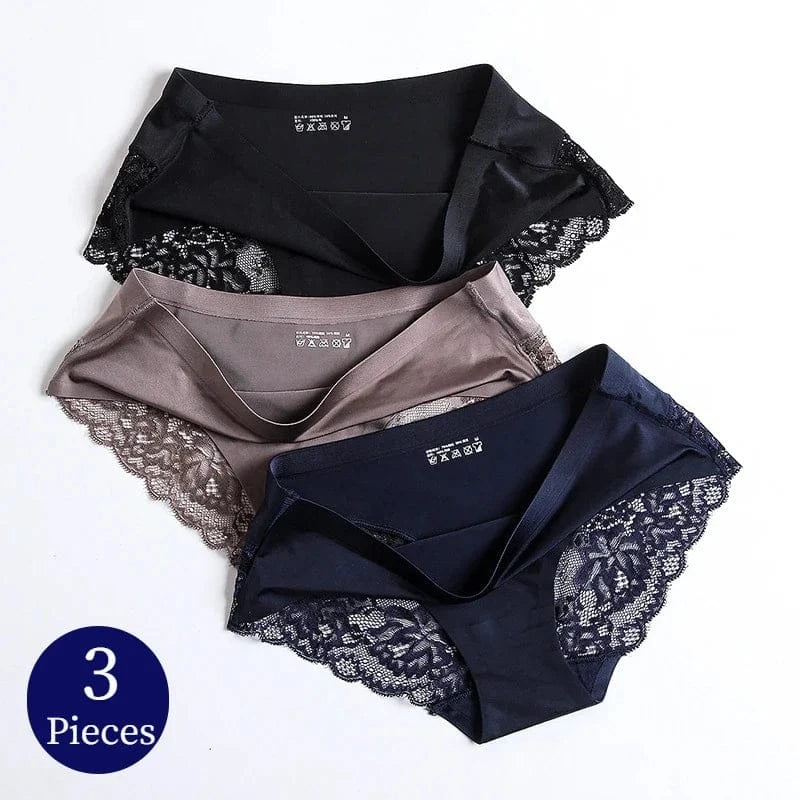 TrowBridge 3PCS/Set Women's Panties Exquisite Lace Underwear Sexy Lingerie Big Size Sweet Silk Satin Briefs Soft Cozy Underpants - A-1 Thread Vault
