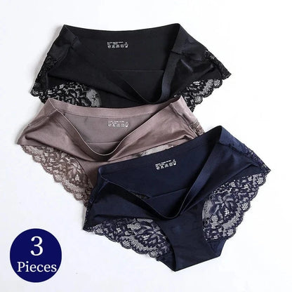 TrowBridge 3PCS/Set Women's Panties Exquisite Lace Underwear Sexy Lingerie Big Size Sweet Silk Satin Briefs Soft Cozy Underpants - A-1 Thread Vault