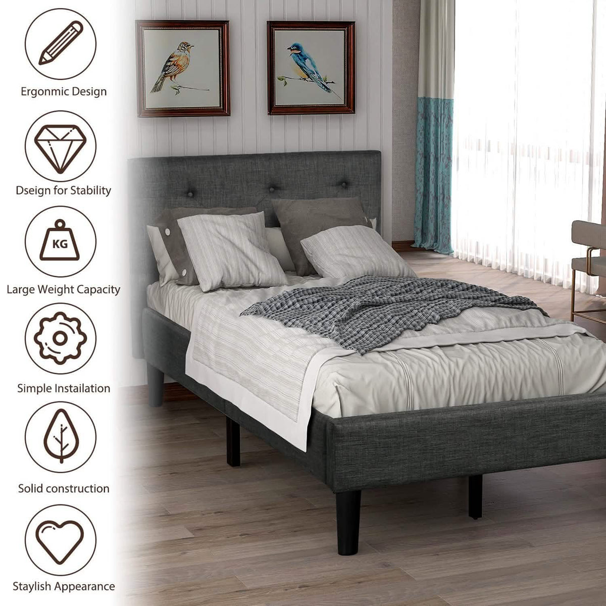 Tufted Platform Bed, Twin Size Button Upholstered Platform Bed - A-1 Thread Vault