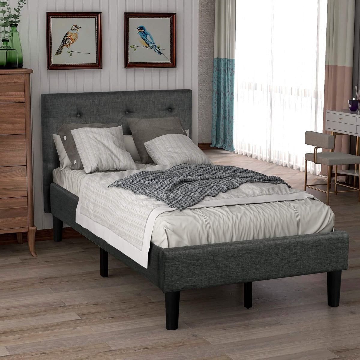 Tufted Platform Bed, Twin Size Button Upholstered Platform Bed - A-1 Thread Vault