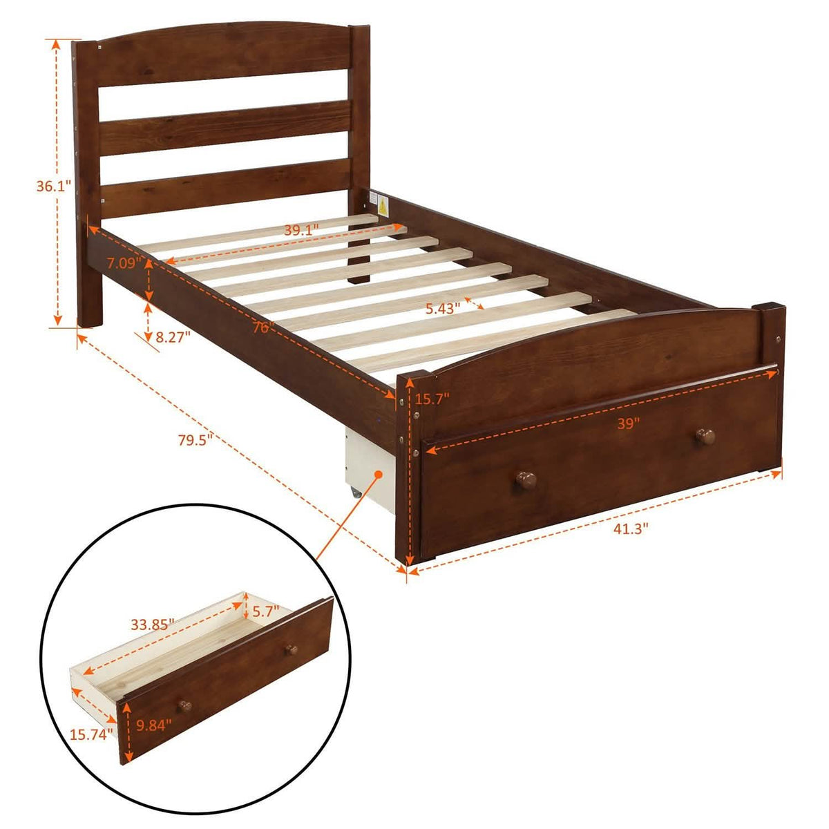 Twin Platform Bed Frame with Storage Drawer Headboard - A-1 Thread Vault