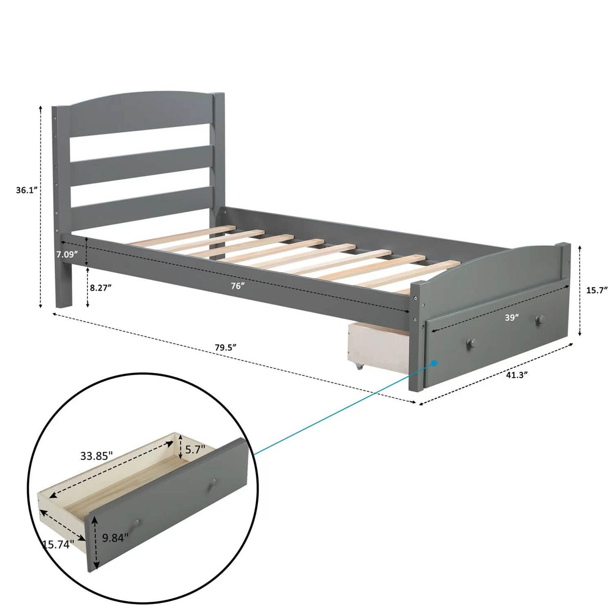 Twin Platform Bed Frame with Storage Drawer Headboard - A-1 Thread Vault