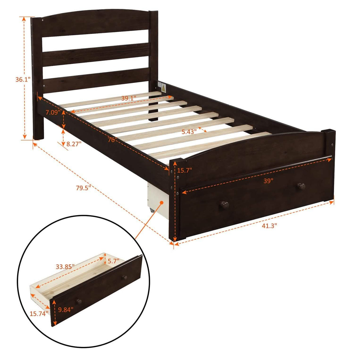 Twin Platform Bed Frame with Storage Drawer Headboard - A-1 Thread Vault