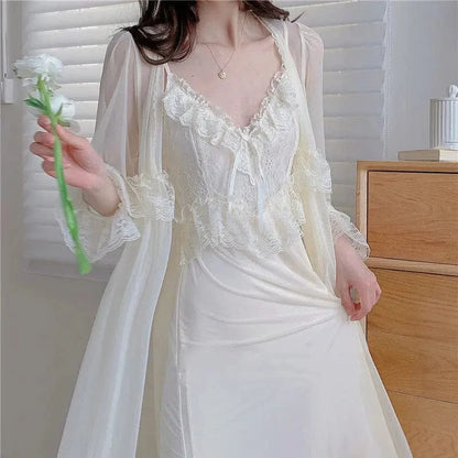 Two Piece Set Retro Palace Style Nightwear Women Nightgown Sleepwear Sexy Lace Mesh Robe Home Dressing Gown Loose Lingerie - A-1 Thread Vault