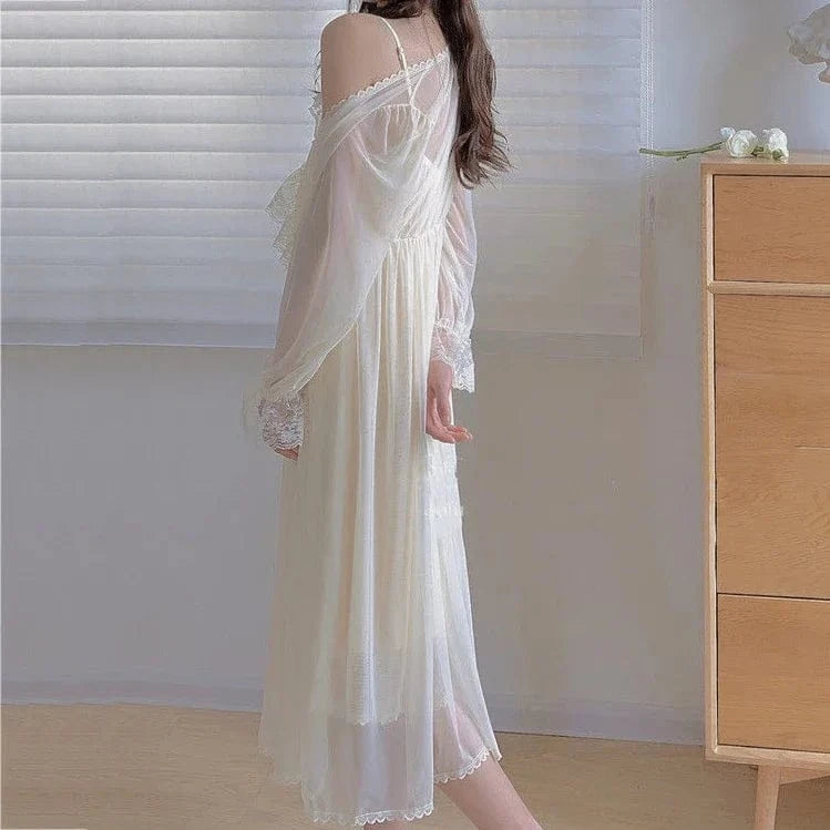 Two Piece Set Retro Palace Style Nightwear Women Nightgown Sleepwear Sexy Lace Mesh Robe Home Dressing Gown Loose Lingerie - A-1 Thread Vault