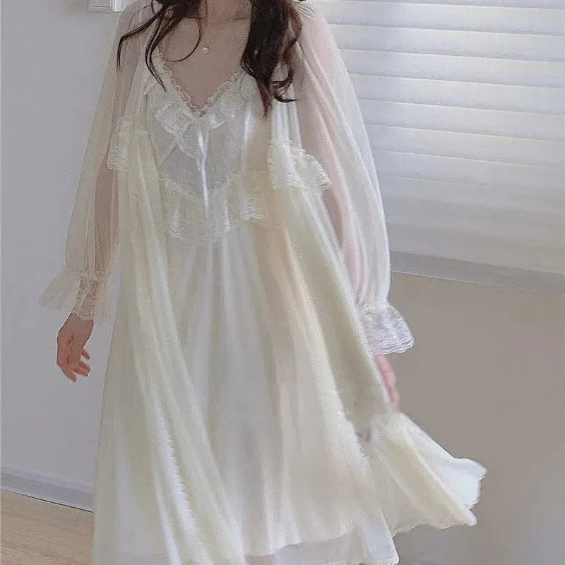 Two Piece Set Retro Palace Style Nightwear Women Nightgown Sleepwear Sexy Lace Mesh Robe Home Dressing Gown Loose Lingerie - A-1 Thread Vault