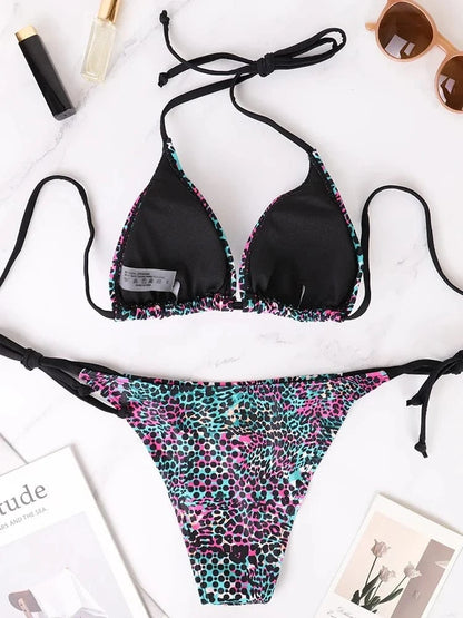 Two-Piece Women's Split Bikini Set Summer Strappy And Lace-Up Colorful Polka Dot Printed Lady's Bikini Beach Vacation Swimsuit - A-1 Thread Vault