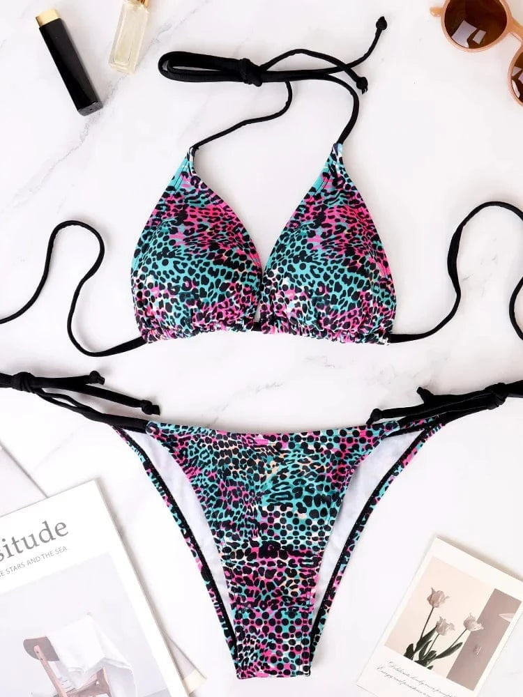 Two-Piece Women's Split Bikini Set Summer Strappy And Lace-Up Colorful Polka Dot Printed Lady's Bikini Beach Vacation Swimsuit - A-1 Thread Vault