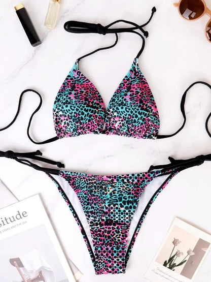 Two-Piece Women's Split Bikini Set Summer Strappy And Lace-Up Colorful Polka Dot Printed Lady's Bikini Beach Vacation Swimsuit - A-1 Thread Vault