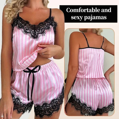 Two Piece Women's V-Neck Sexy Lace Suspender Pajama Shorts Set Casual Women's Sleeveless Sexy Pajama Set - A-1 Thread Vault