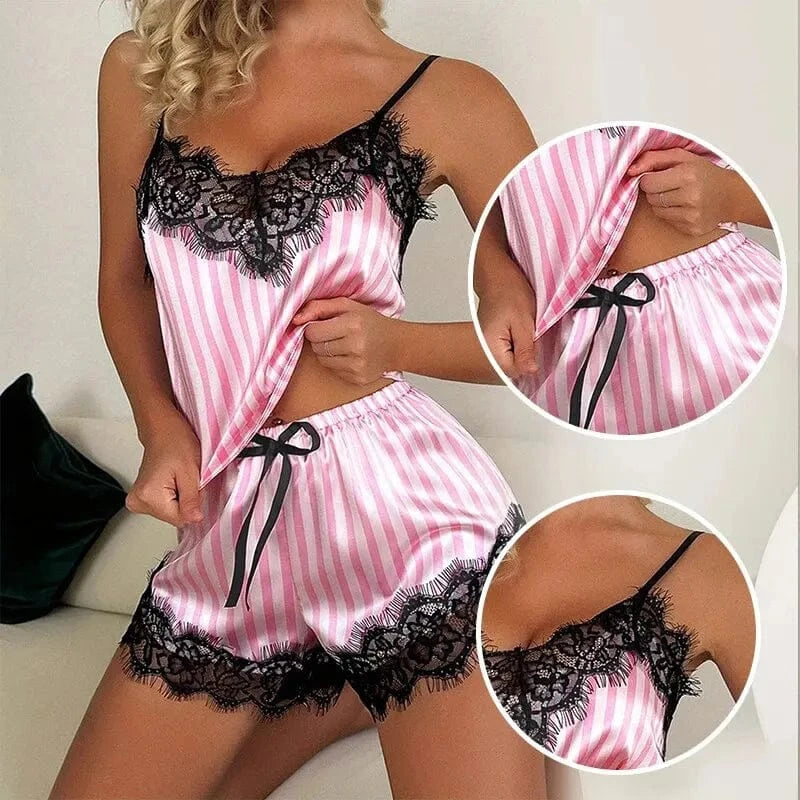 Two Piece Women's V-Neck Sexy Lace Suspender Pajama Shorts Set Casual Women's Sleeveless Sexy Pajama Set - A-1 Thread Vault
