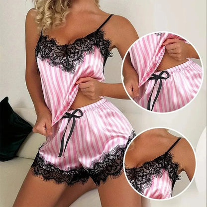 Two Piece Women's V-Neck Sexy Lace Suspender Pajama Shorts Set Casual Women's Sleeveless Sexy Pajama Set - A-1 Thread Vault