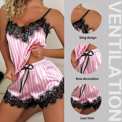 Two Piece Women's V-Neck Sexy Lace Suspender Pajama Shorts Set Casual Women's Sleeveless Sexy Pajama Set - A-1 Thread Vault