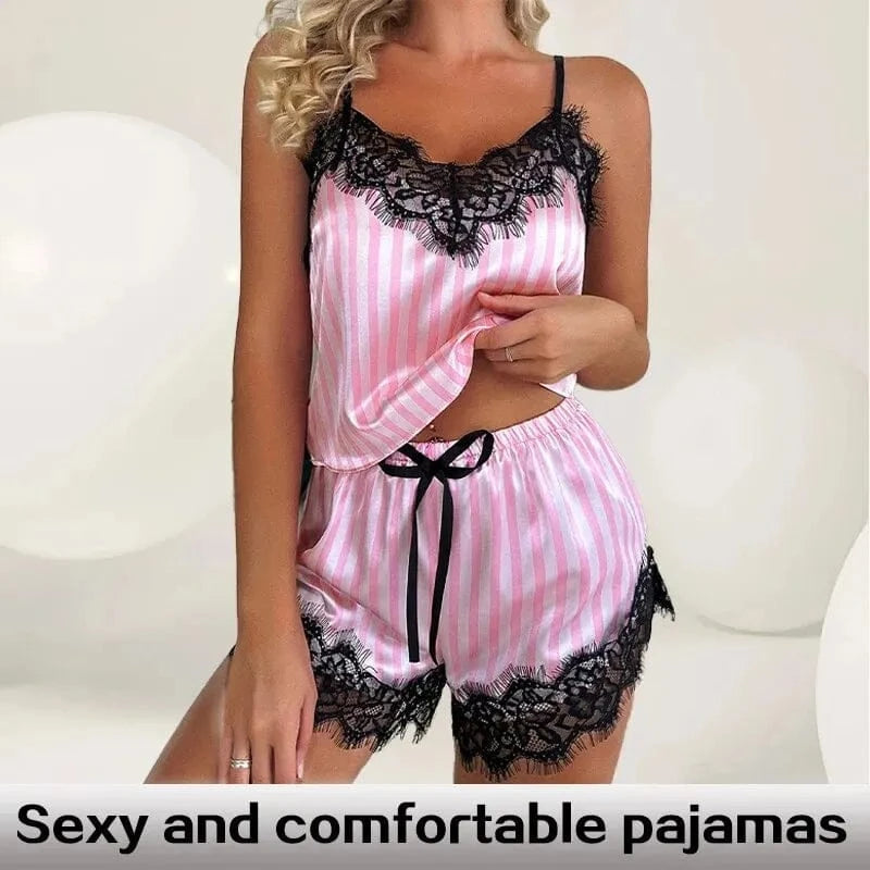 Two Piece Women's V-Neck Sexy Lace Suspender Pajama Shorts Set Casual Women's Sleeveless Sexy Pajama Set - A-1 Thread Vault