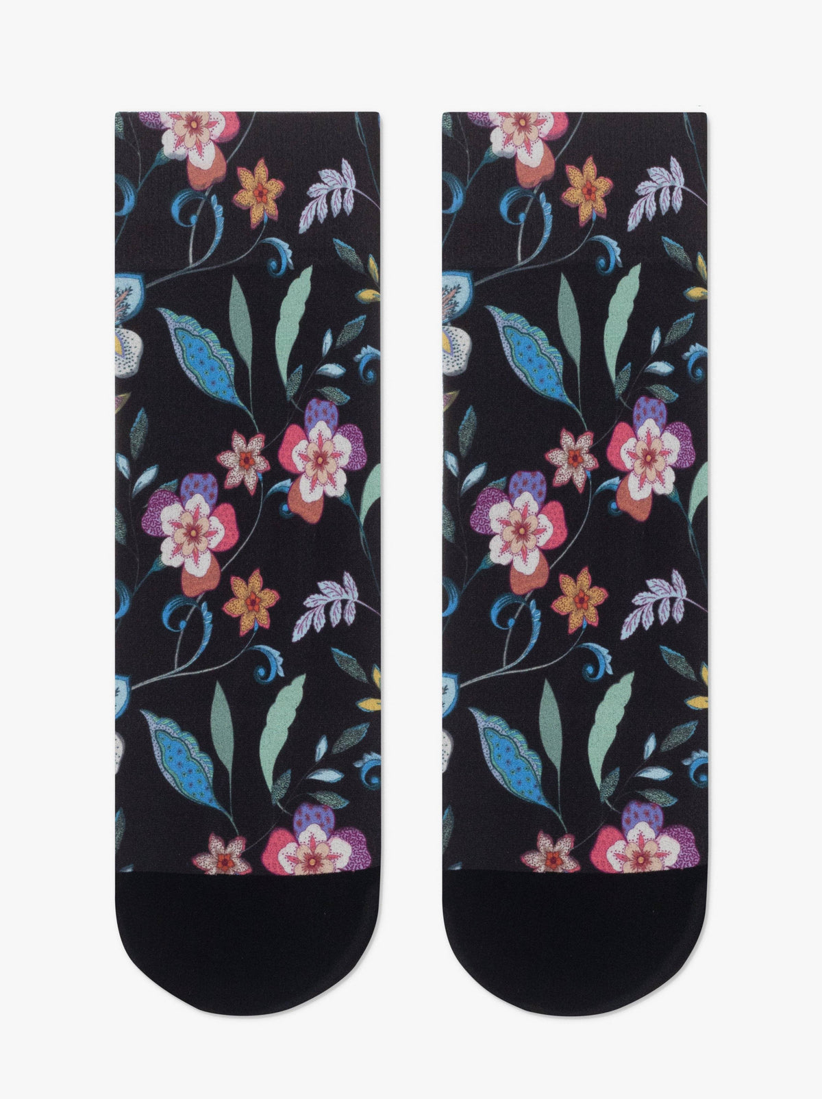 A pair of black ankle socks featuring a vibrant, multicolored floral print with various flowers, leaves, and thin stems.