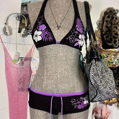 UETEEY 2025 New Summer Swimwear Bikinis Set Sexy Printed Lace Back Naked Bikini 2 Pieces Set Women's Swimwear Slit Beach Bikini - A-1 Thread Vault