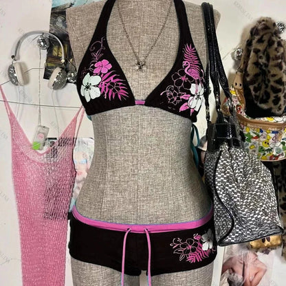 UETEEY 2025 New Summer Swimwear Bikinis Set Sexy Printed Lace Back Naked Bikini 2 Pieces Set Women's Swimwear Slit Beach Bikini - A-1 Thread Vault