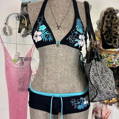 UETEEY 2025 New Summer Swimwear Bikinis Set Sexy Printed Lace Back Naked Bikini 2 Pieces Set Women's Swimwear Slit Beach Bikini - A-1 Thread Vault