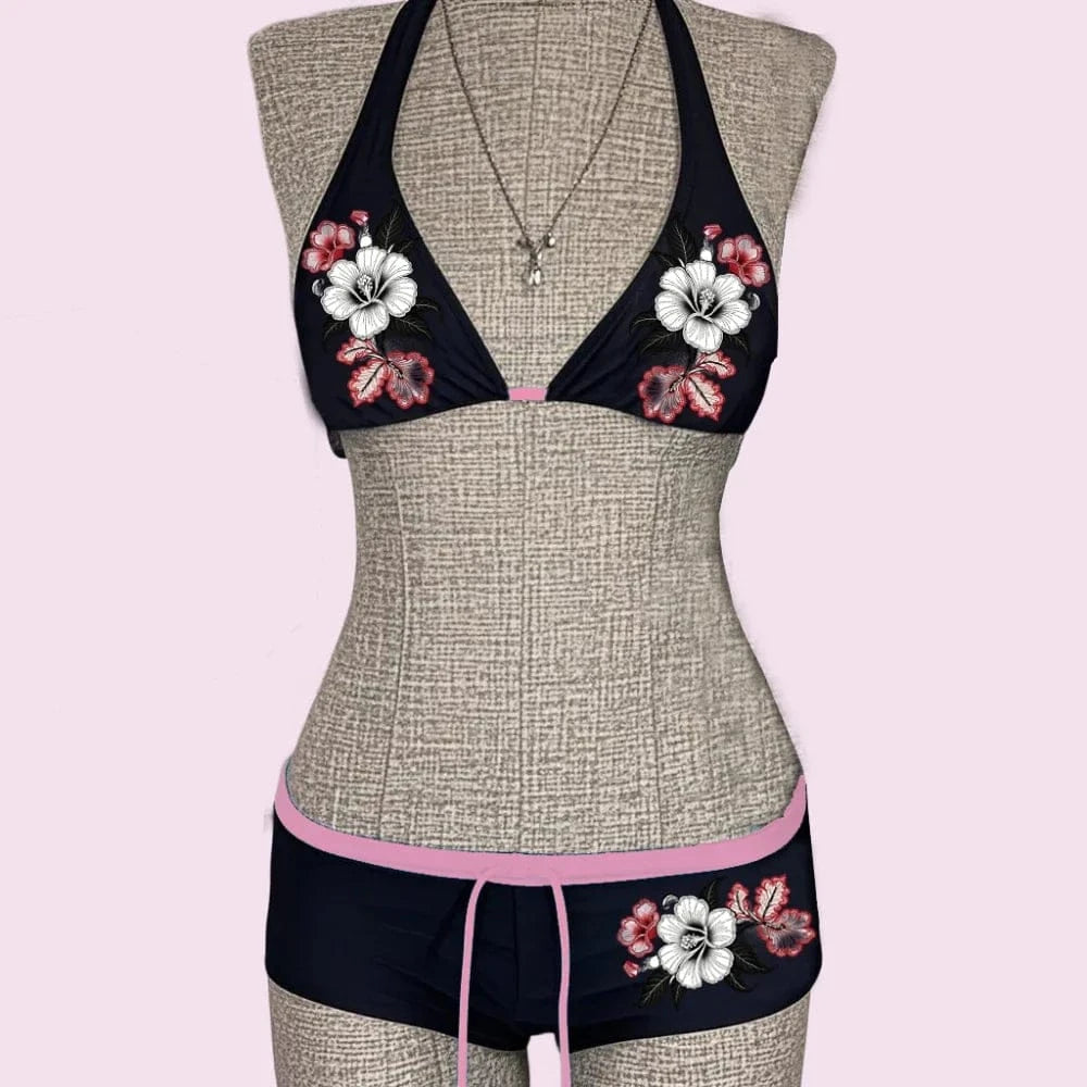 UETEEY 2025 New Summer Swimwear Bikinis Set Sexy Printed Lace Back Naked Bikini 2 Pieces Set Women's Swimwear Slit Beach Bikini - A-1 Thread Vault