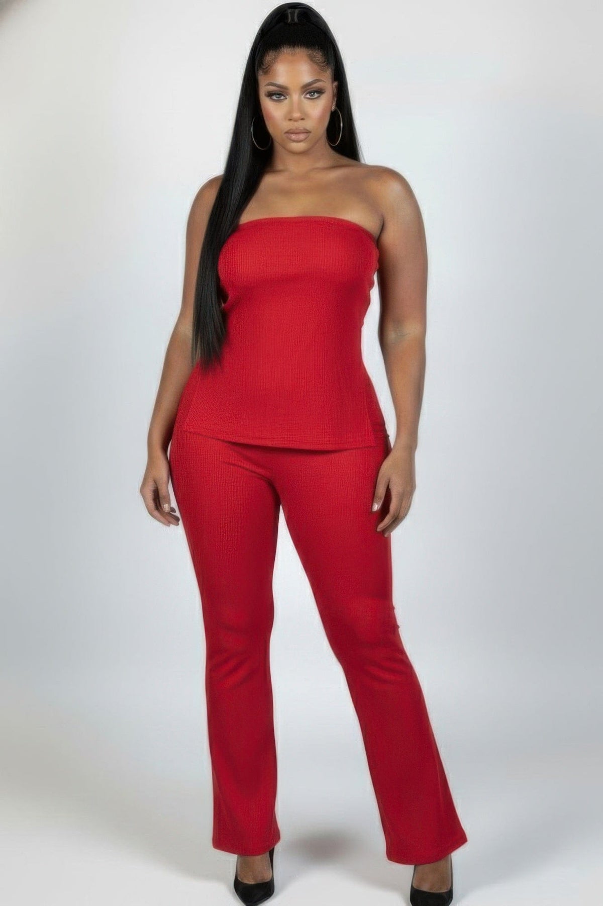 Ultra-fine Ribbed Slit Tube Top & High-waist Flare Pants Set - A-1 Thread Vault