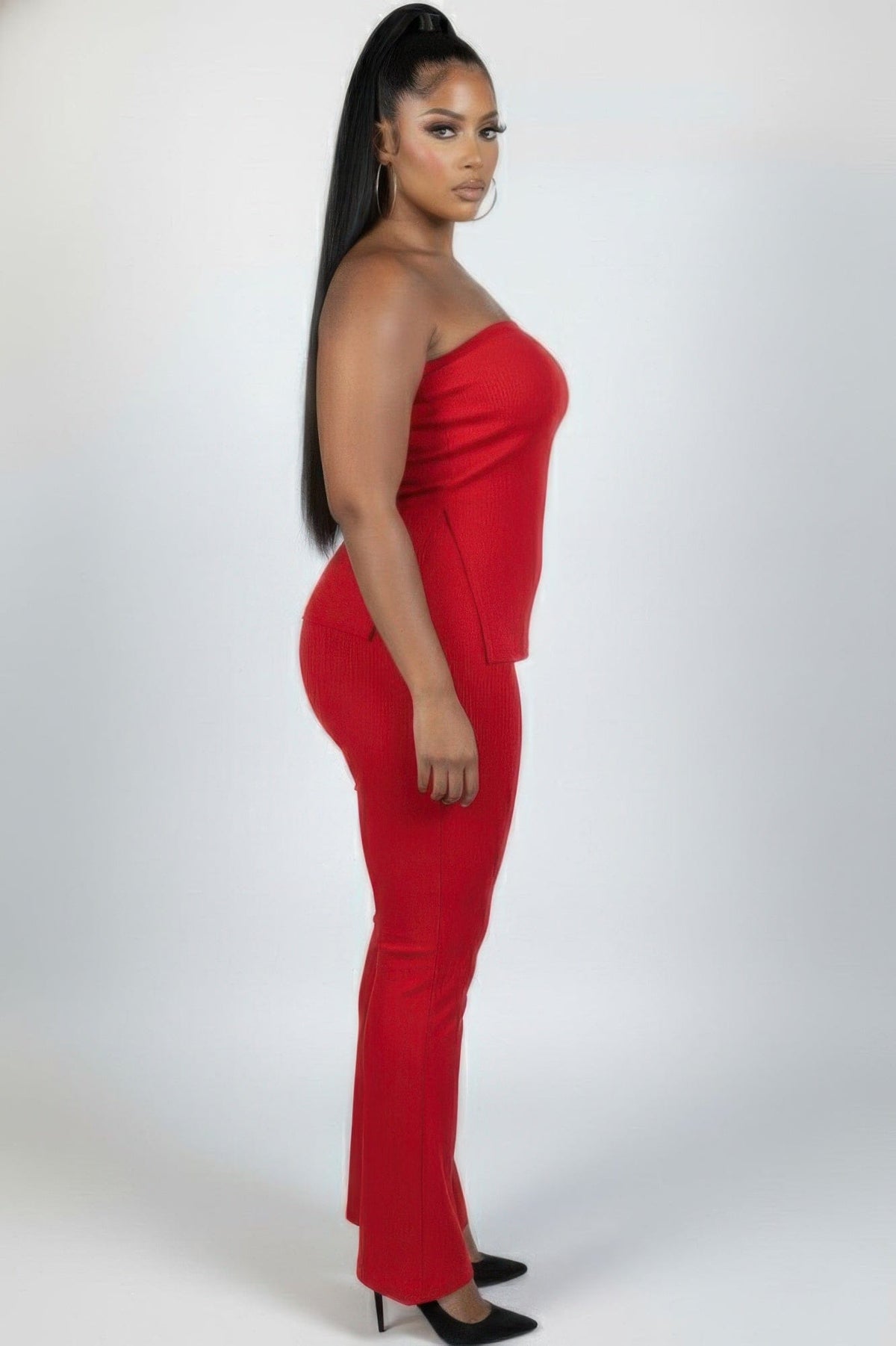 Ultra-fine Ribbed Slit Tube Top & High-waist Flare Pants Set - A-1 Thread Vault