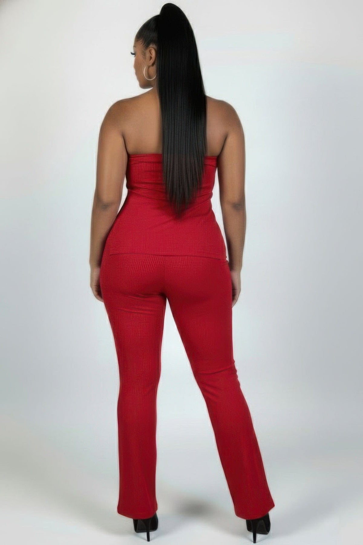 Ultra-fine Ribbed Slit Tube Top & High-waist Flare Pants Set - A-1 Thread Vault