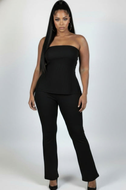 Ultra-fine Ribbed Slit Tube Top & High-waist Flare Pants Set - A-1 Thread Vault