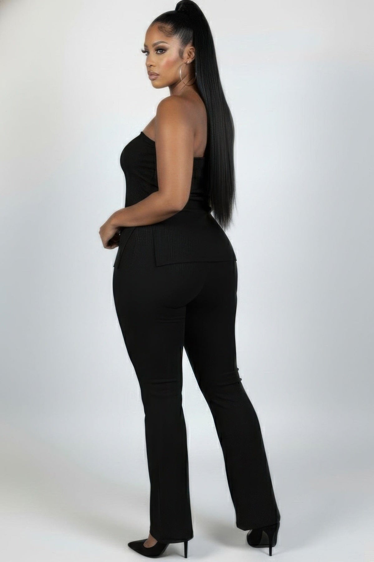 Ultra-fine Ribbed Slit Tube Top & High-waist Flare Pants Set - A-1 Thread Vault