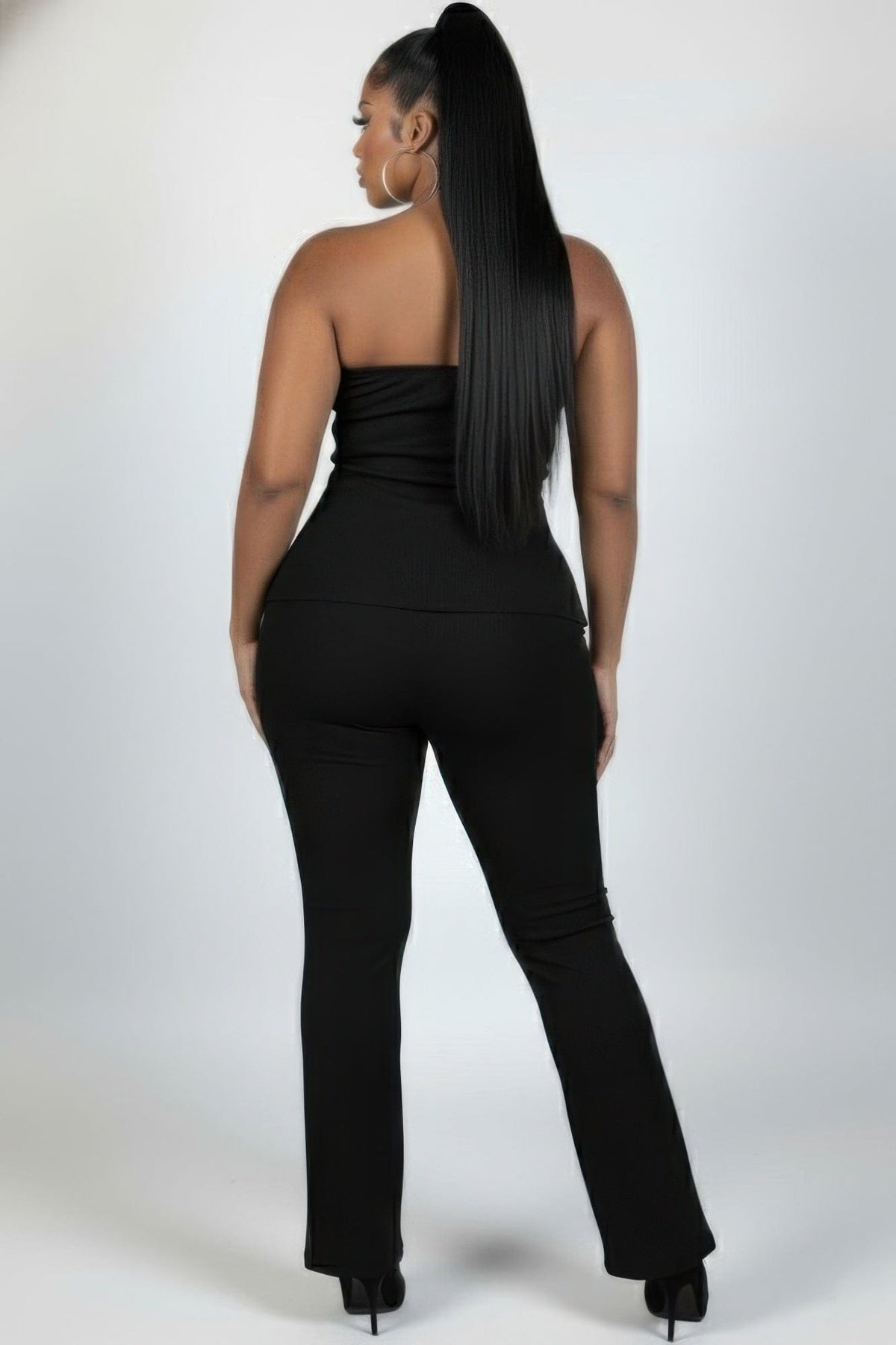Ultra-fine Ribbed Slit Tube Top & High-waist Flare Pants Set - A-1 Thread Vault