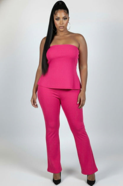Ultra-fine Ribbed Slit Tube Top & High-waist Flare Pants Set - A-1 Thread Vault