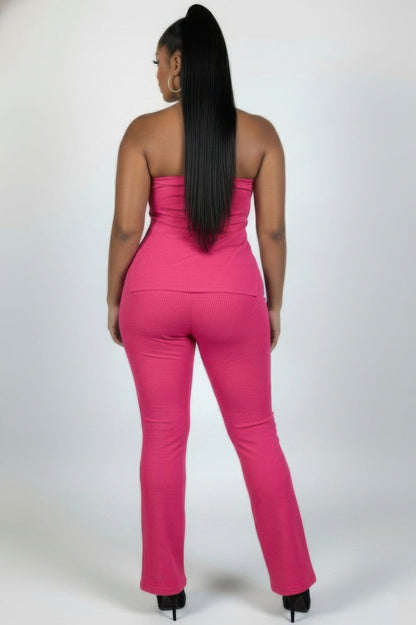 Ultra-fine Ribbed Slit Tube Top & High-waist Flare Pants Set - A-1 Thread Vault
