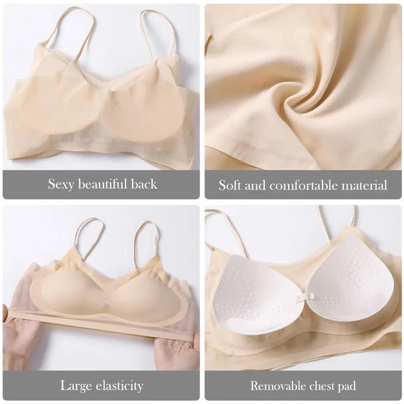Ultra-thin Ice Silk Padded Bra Seamless Underwear Women's Thin Section Sling Beautiful Back Vest Tops Big Chest Small Sleep Bra - A-1 Thread Vault
