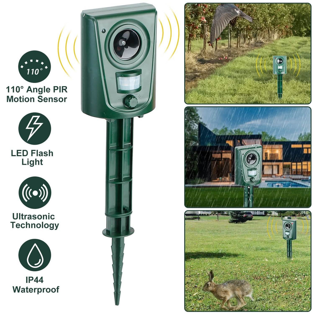 Ultrasonic Animal Repeller IP4 Waterproof Motion Sensor Repellent with Flashing Led Light - A-1 Thread Vault