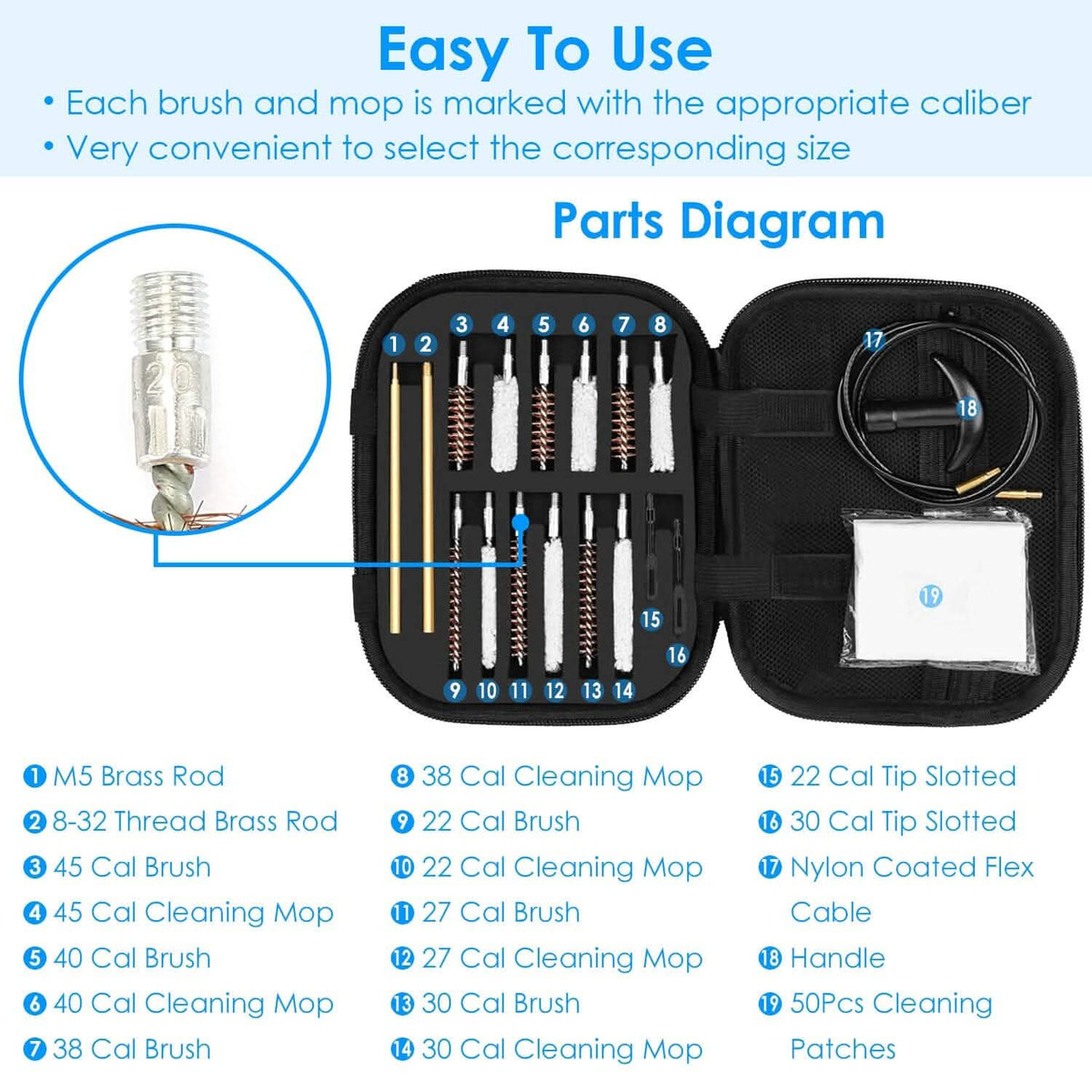 Universal Gun Cleaning Kit with 39.3" Flex Cable Brass Rod - A-1 Thread Vault