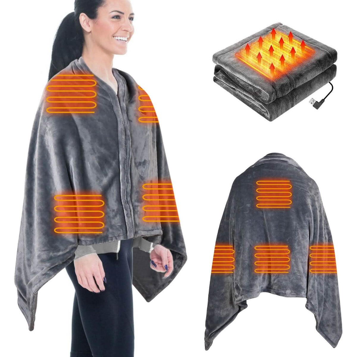 USB Heated Blanket Poncho Shawl Wrap Throw with Zipper Washable - A-1 Thread Vault