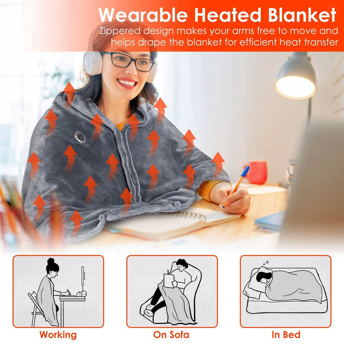 USB Heated Blanket Poncho Shawl Wrap Throw with Zipper Washable - A-1 Thread Vault